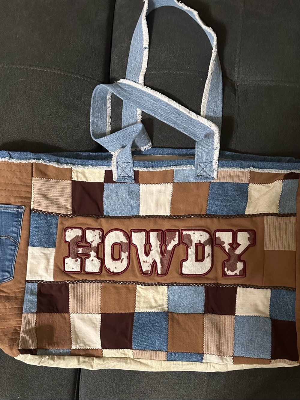 Howdy Patchwork Tote Bag in Brown and Blue